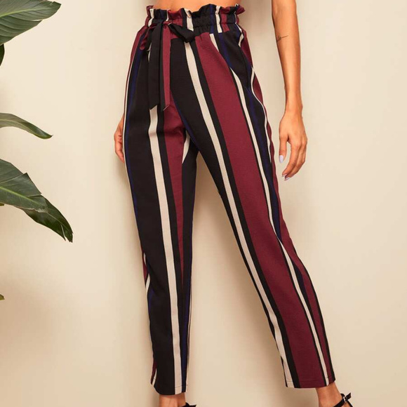 Striped Drawstring Cropped Pants Work Casual Belt - Picture 2 of 6